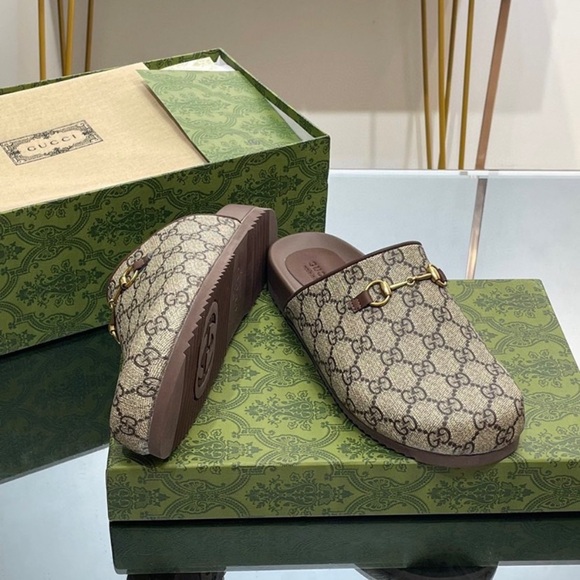 Gucci Shoes - Gucci Beige and Brown Monogram Mules